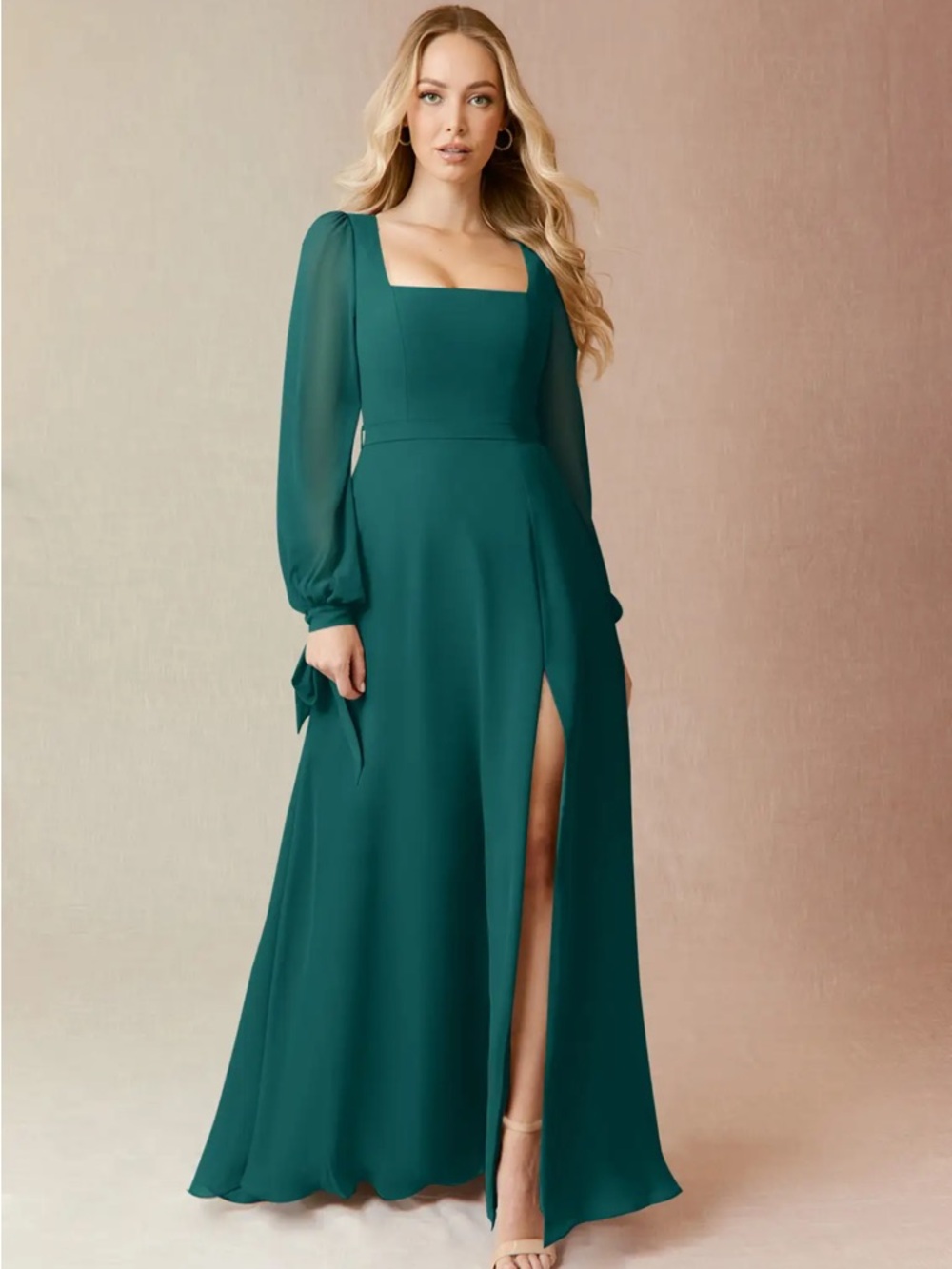 Azazie Green Square-Neck Long Sleeve Maxi Dress
